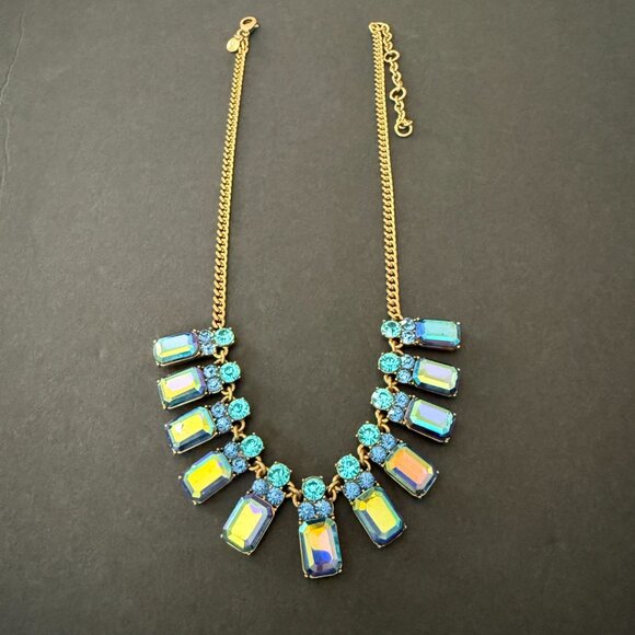 J Crew Statement Necklace Iridescent Blue Turquoise Crystal Stones Gold Adjustab - Picture 12 of 16